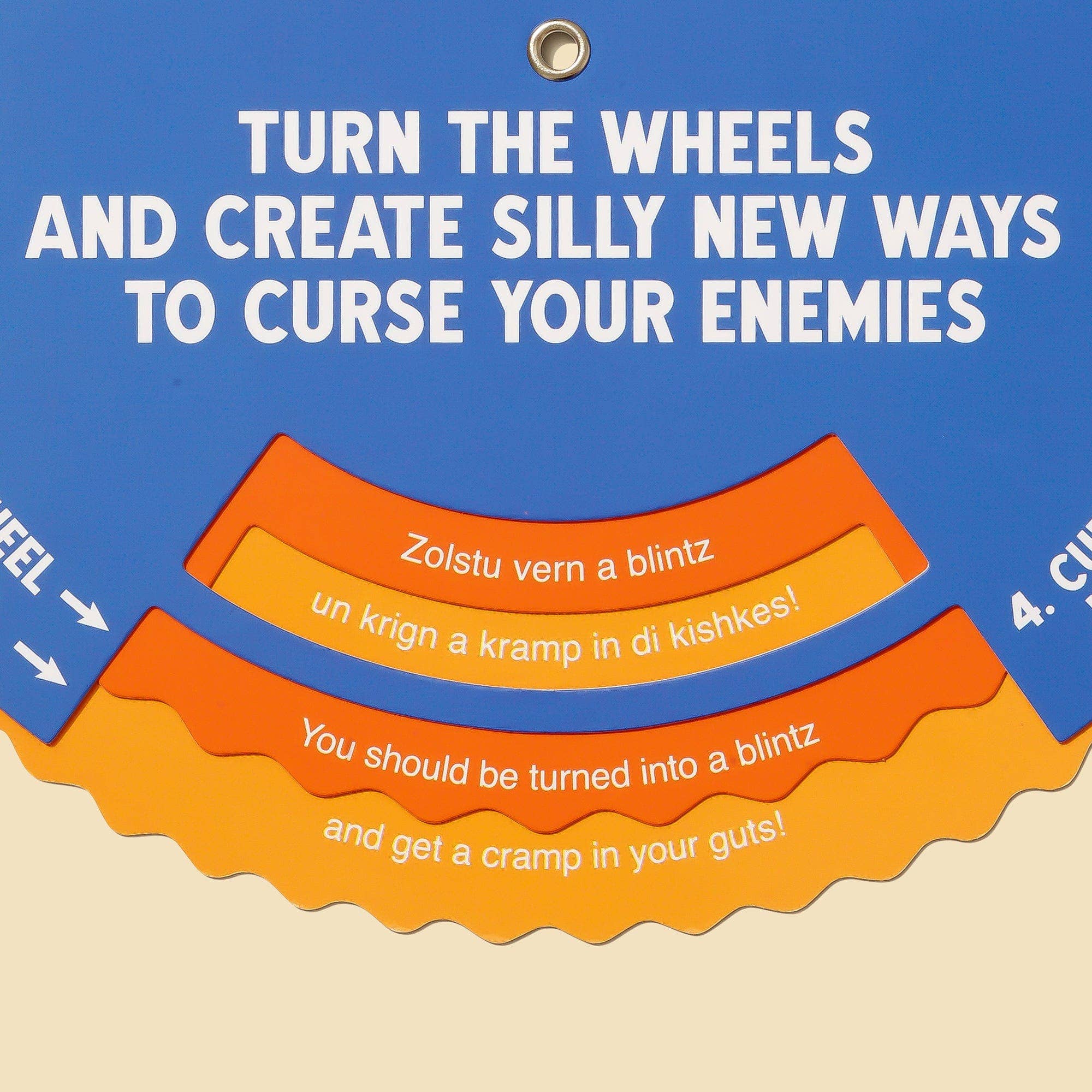 The Yiddish Curse Generator with a spinning wheel of curses and instructions for creating new curse combinations.