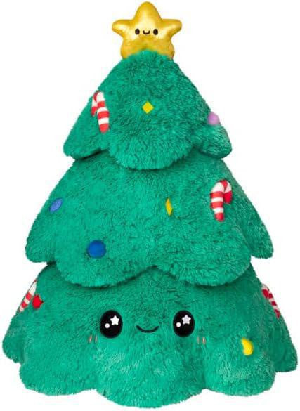 Plush Christmas tree with smiling face, candy canes, and ornaments.