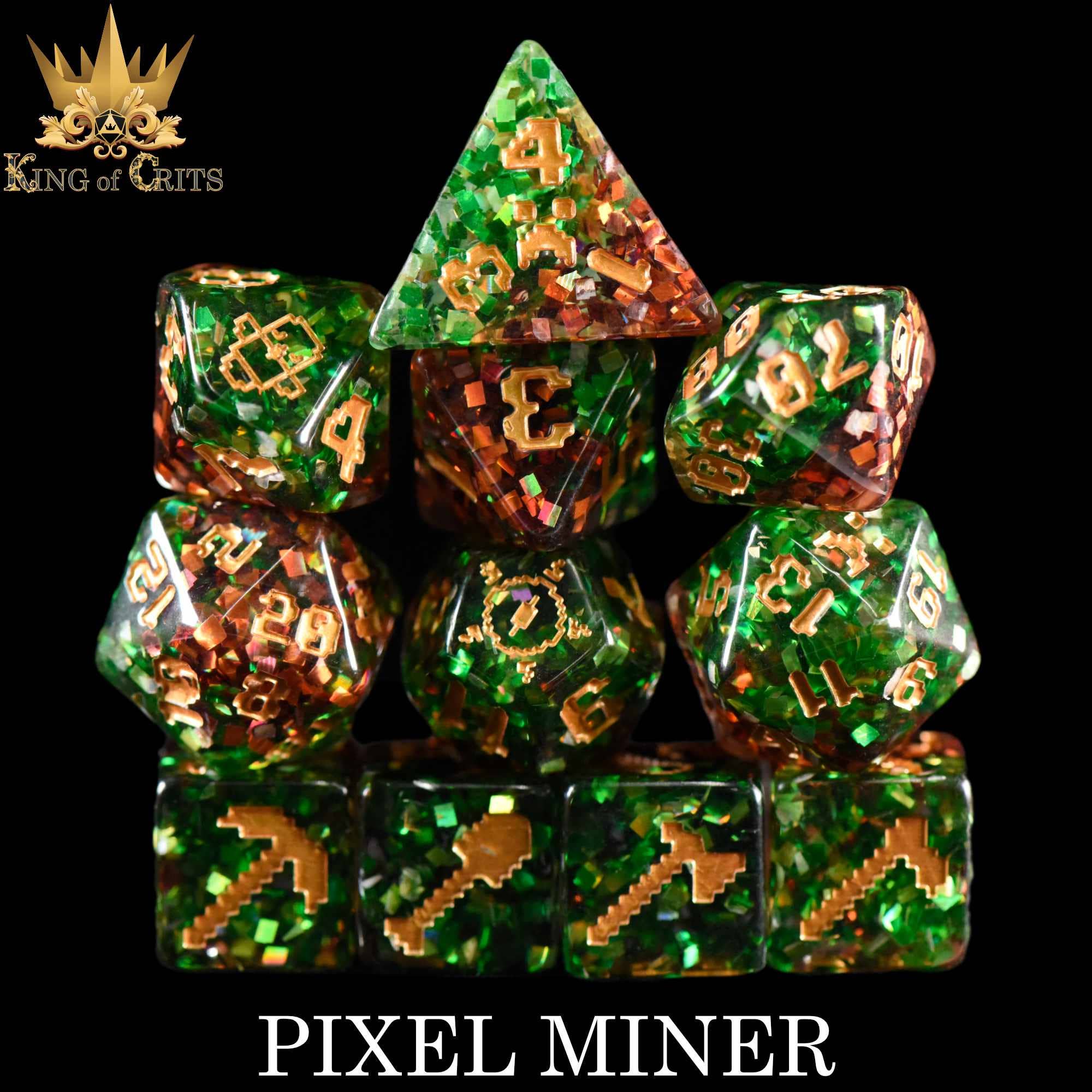 The Pixel Miner 11 Dice Set with sparkly green, orange, and gold dice featuring mining tool icons.
