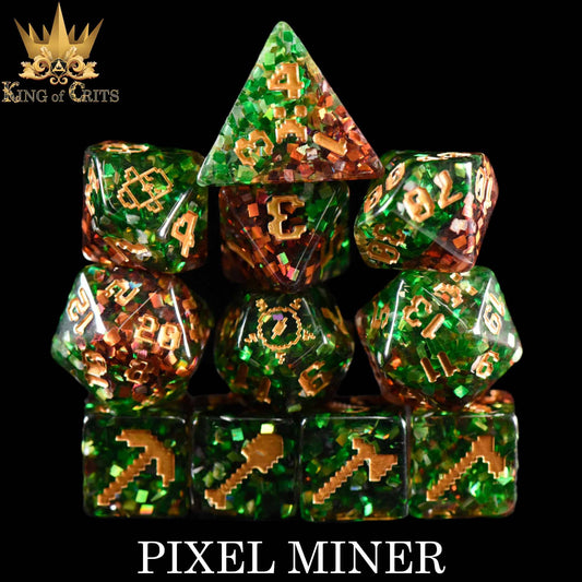 The Pixel Miner 11 Dice Set with sparkly green, orange, and gold dice featuring mining tool icons.