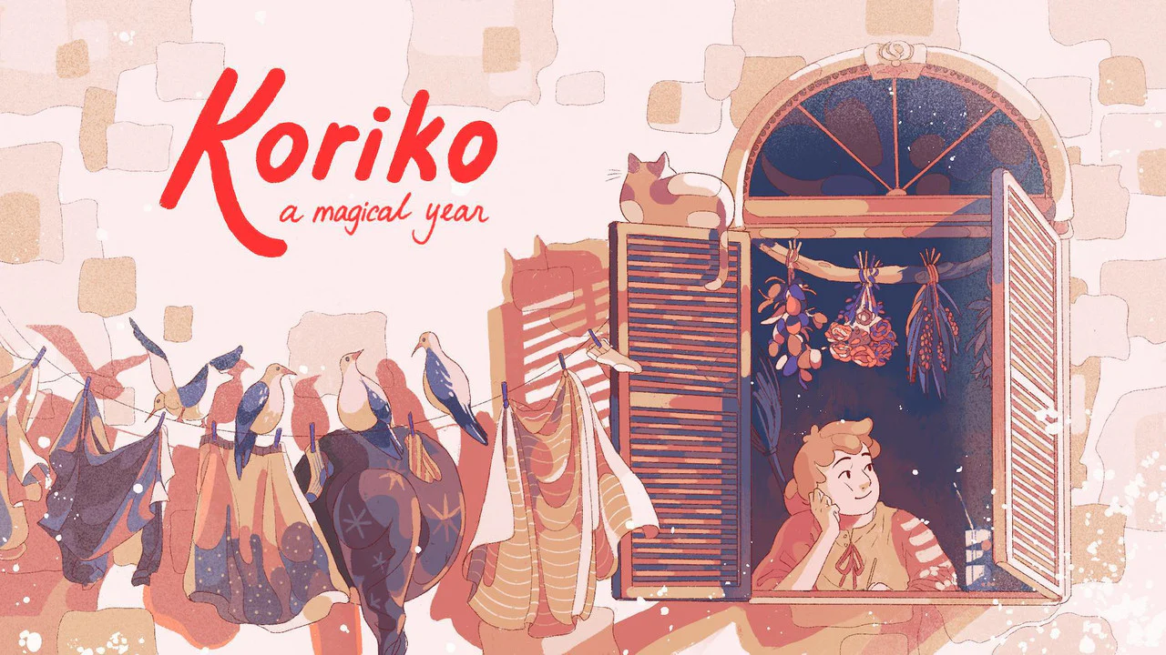Koriko: A Magical Year game with artwork of a teenage witch and cat by a window, laundry and herbs hanging nearby.