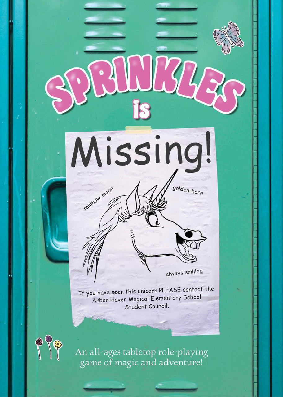 Sprinkles is Missing magic locker toy with missing poster, butterfly, and star decorations.