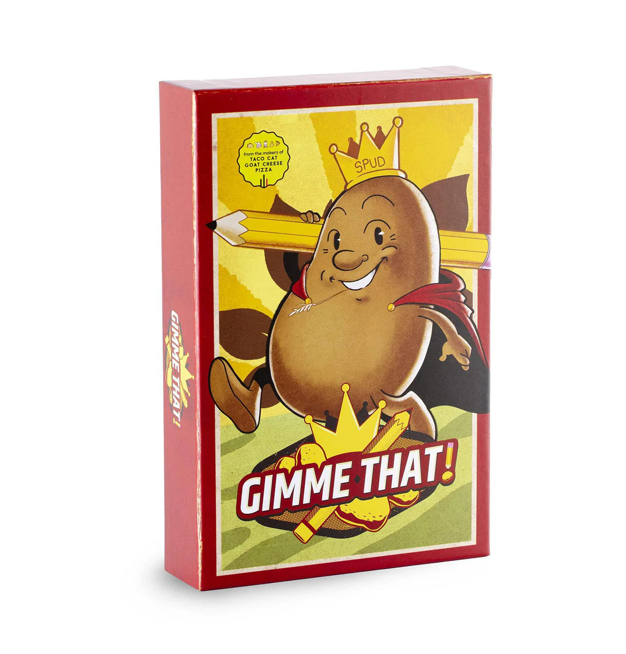 Gimme That red box, SPUD variant, features a crowned potato with pencils on the packaging.
