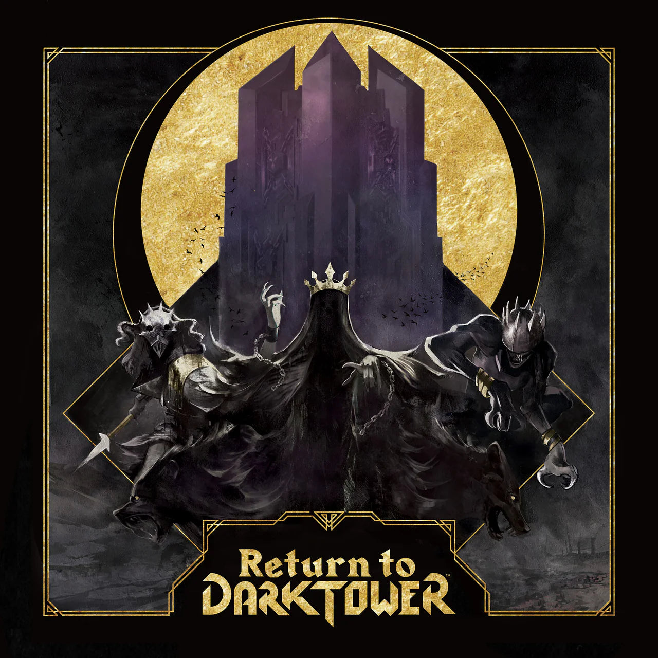 Return to Dark Tower cooperative board game box featuring three crowned figures and a dark tower with a glowing gold circle.