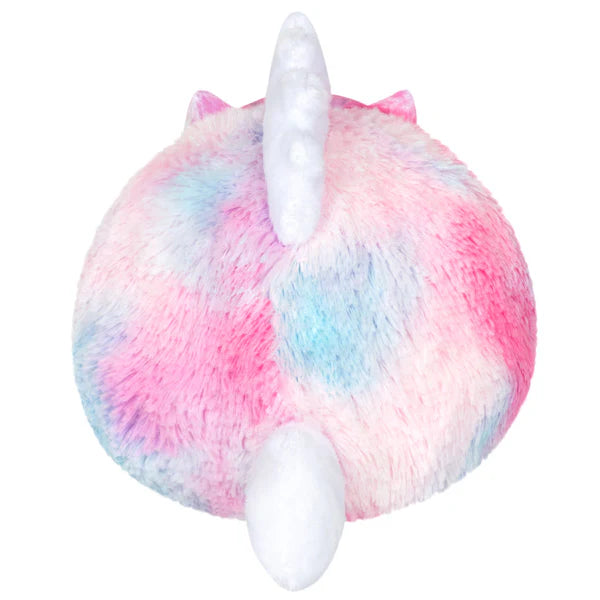 Cotton Candy Baby Unicorn Mini Squishable, back view, round with pink, blue, and purple fur, white tail and horn.