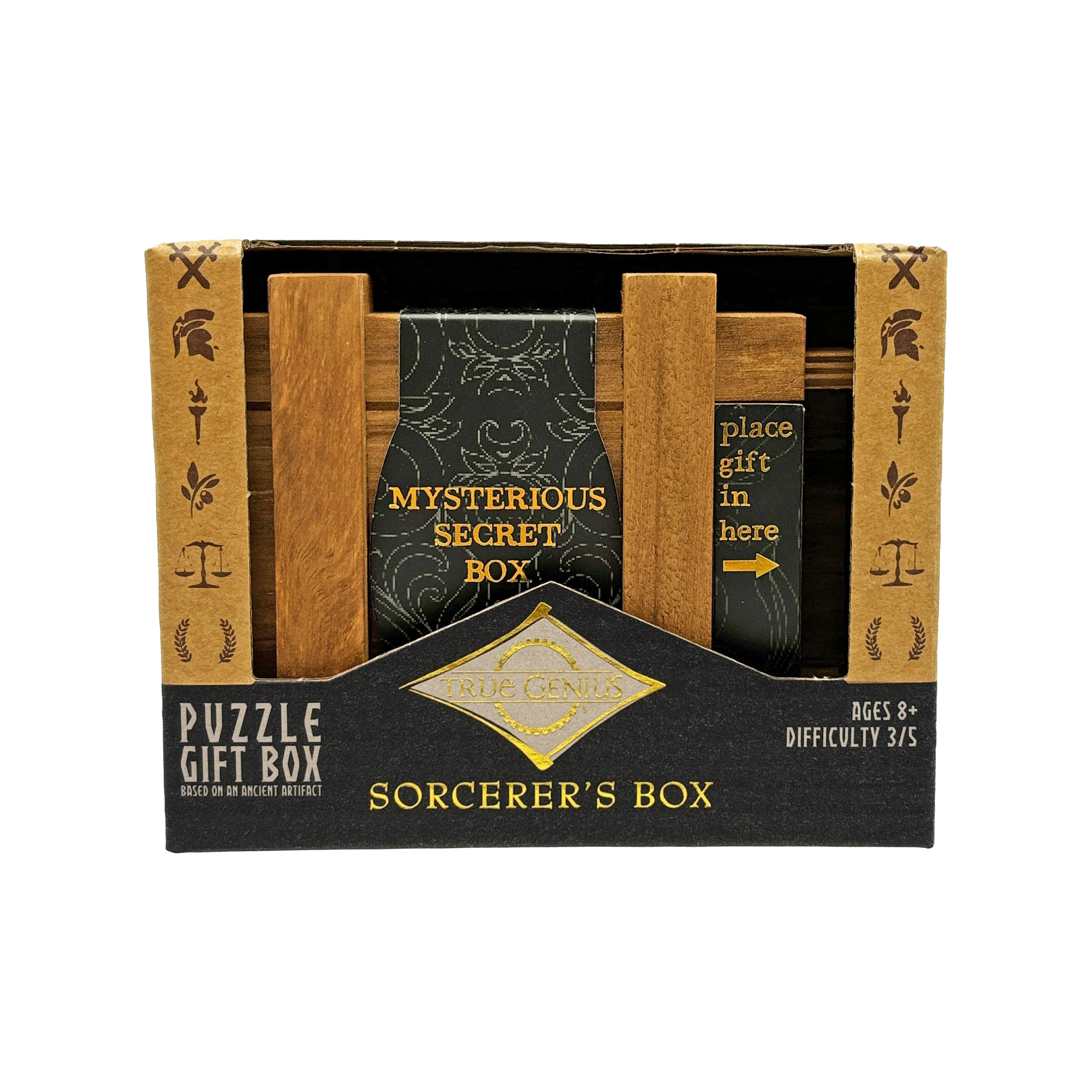 True Genius Sorcerers Box wooden puzzle box for ages 8+, difficulty level 3 of 5, can hold money or a gift card.