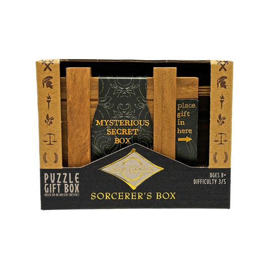 True Genius Sorcerers Box wooden puzzle box for ages 8+, difficulty level 3 of 5, can hold money or a gift card.