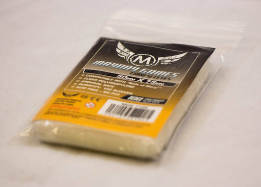 Custom Card Sleeves - Sails of Glory Sized (100) in a clear plastic bag on a white surface.