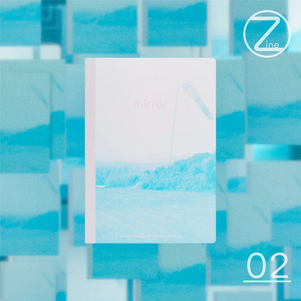 Mirror zine, issue 02, with title centered on cover; blue mirrored tile design in background.