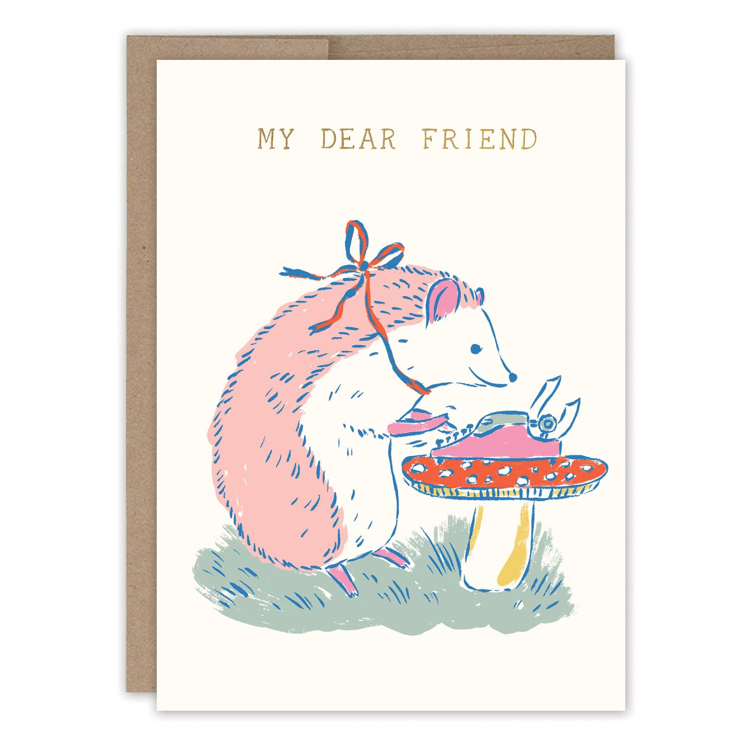 My Dear Friend Hedgehog Friendship Card featuring a hedgehog trimming a mushroom under the text MY DEAR FRIEND.