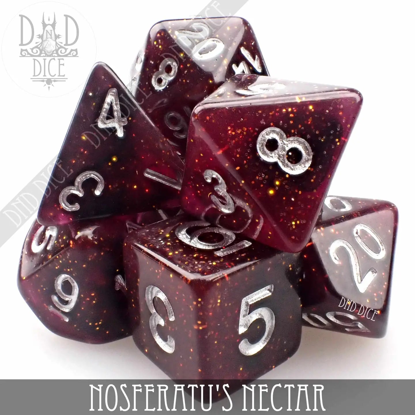 Nosferatus Nectar Dice Set: Dark red glittery polyhedral dice with silver numbers.