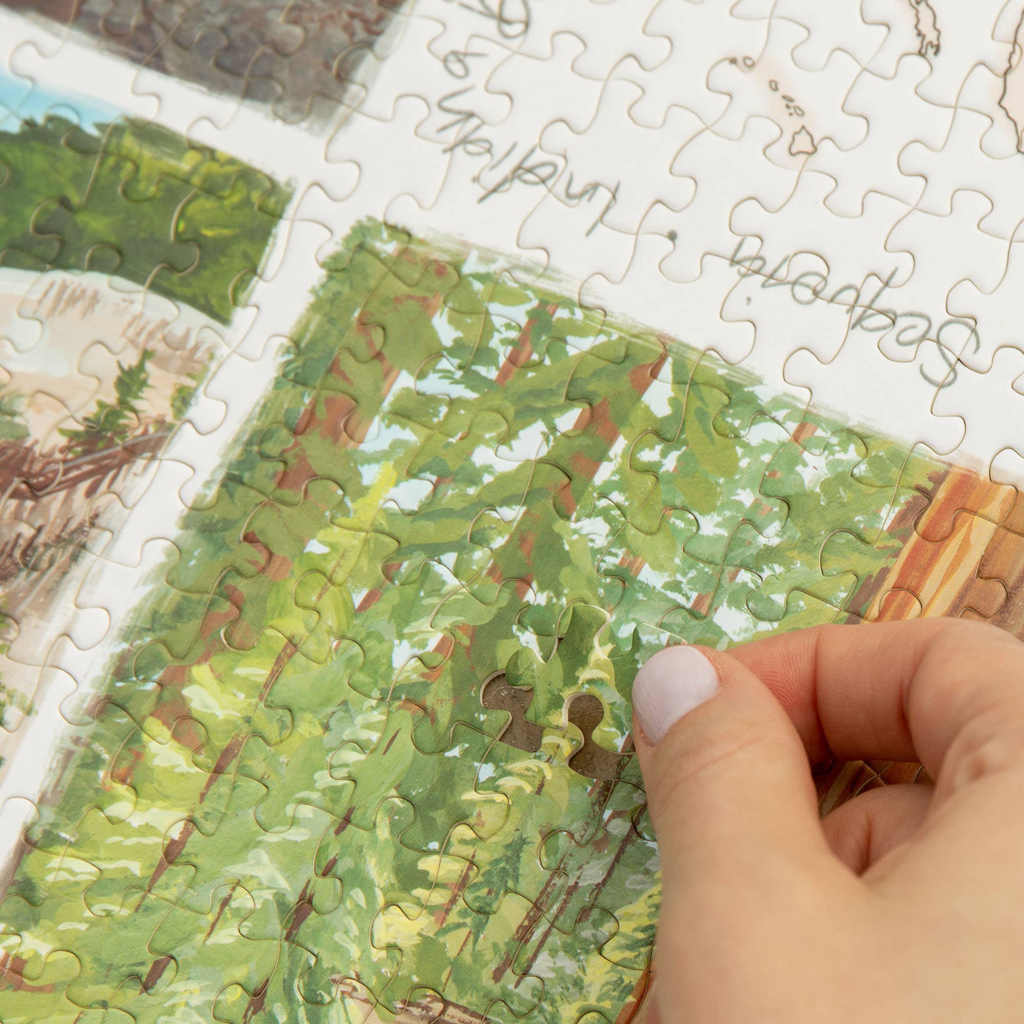 Hand placing a piece in the National Parks 1,000 Piece Jigsaw Puzzle.