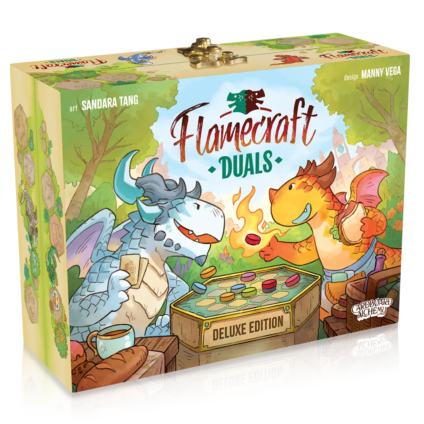 Flamecraft Duals Deluxe Edition box with two cartoon dragons and dragon tiles in a colorful forest scene.