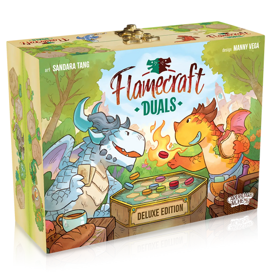 Flamecraft Duals Deluxe Edition box with two cartoon dragons and dragon tiles in a colorful forest scene.