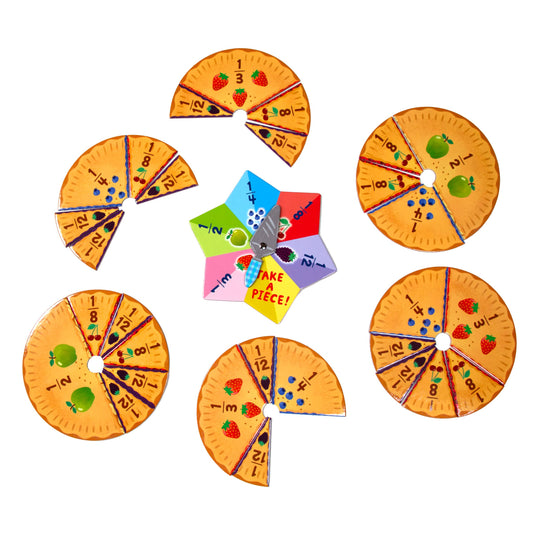 Make a Pie Game with six pie-shaped fraction puzzles and a spinner labeled Take a piece.