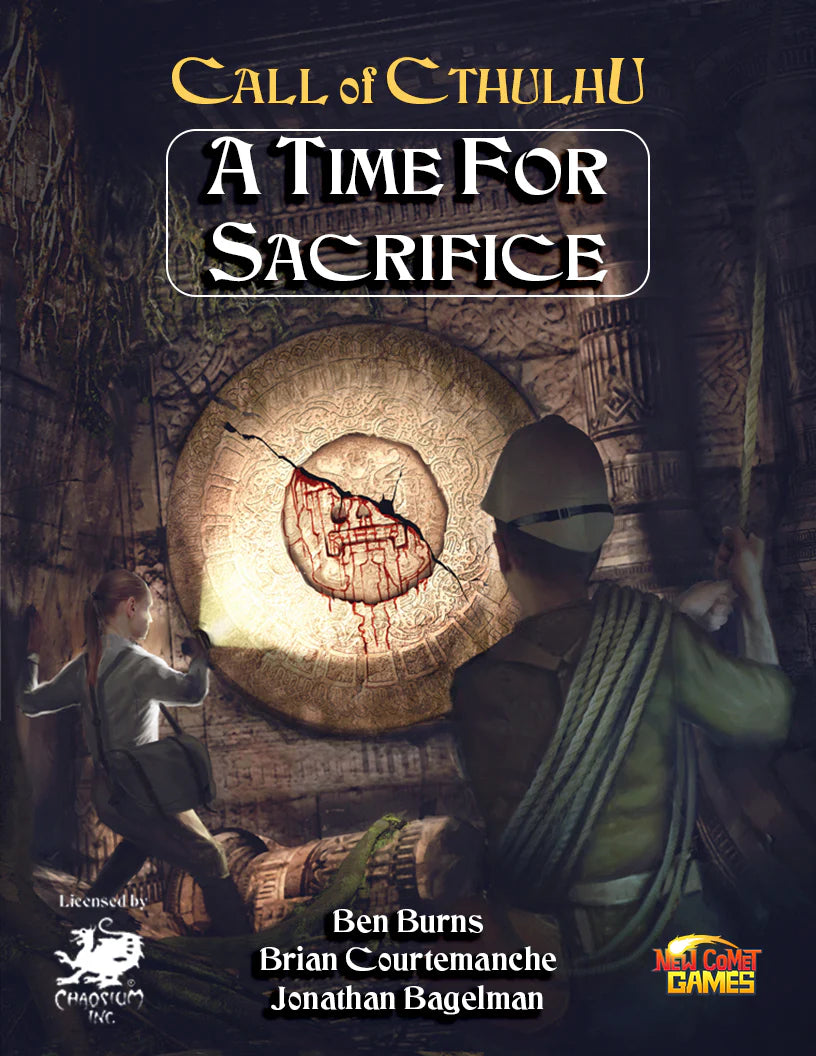 A Time for Sacrifice - Call of Cthulhu product featuring two explorers finding a stone disk with a red symbol in Mayan ruins.