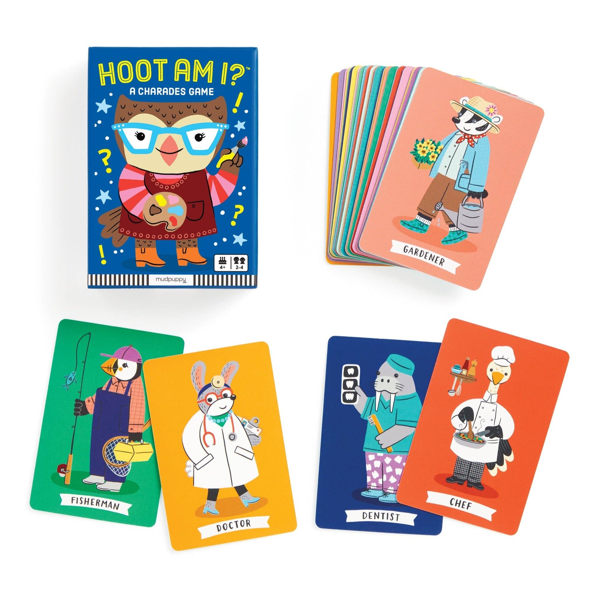 Hoot am I? Charades Card Game with cartoon animals in various careers on the packaging.
