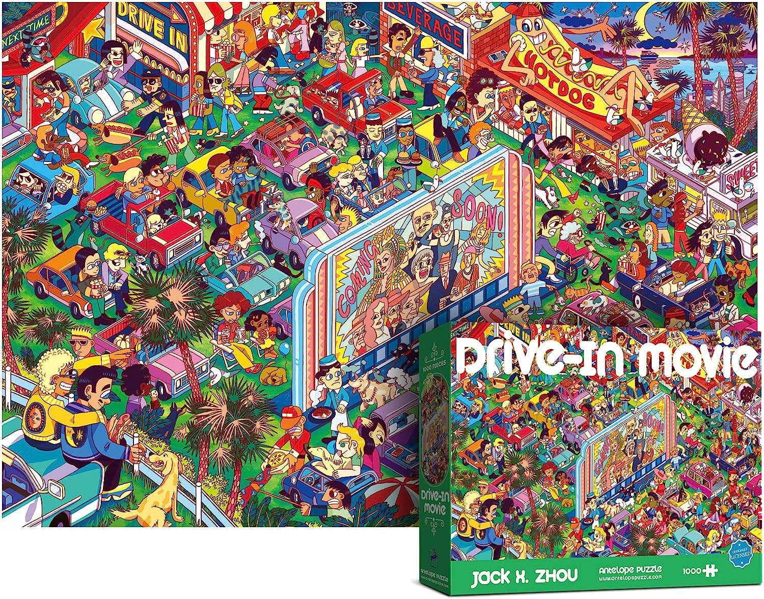Drive In Movie 1000 Piece Jigsaw Puzzle featuring a colorful cartoon drive-in scene at night.
