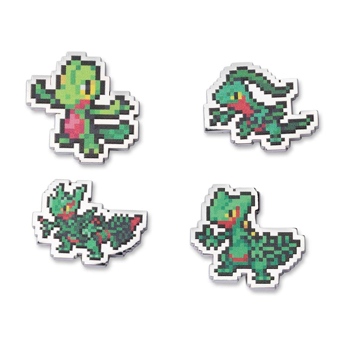 Four pixel art pins of Treecko, Grovyle, Sceptile, and Mega Sceptile Pokémon.
