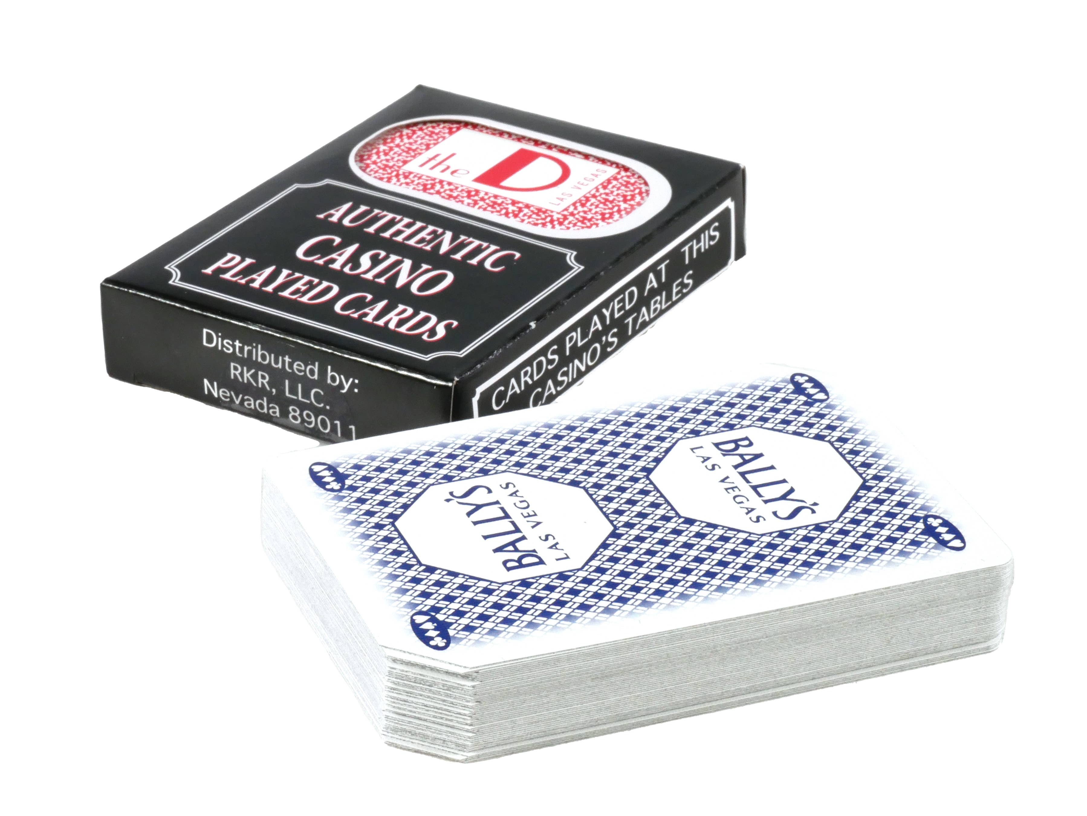 Box labeled Cards - Playing Cards Casino with a stack of single deck Las Vegas casino cards.