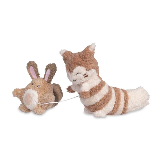 Sentret & Furret Pokémon Sweet Support 11 plush set with two plush toys connected by a white string.