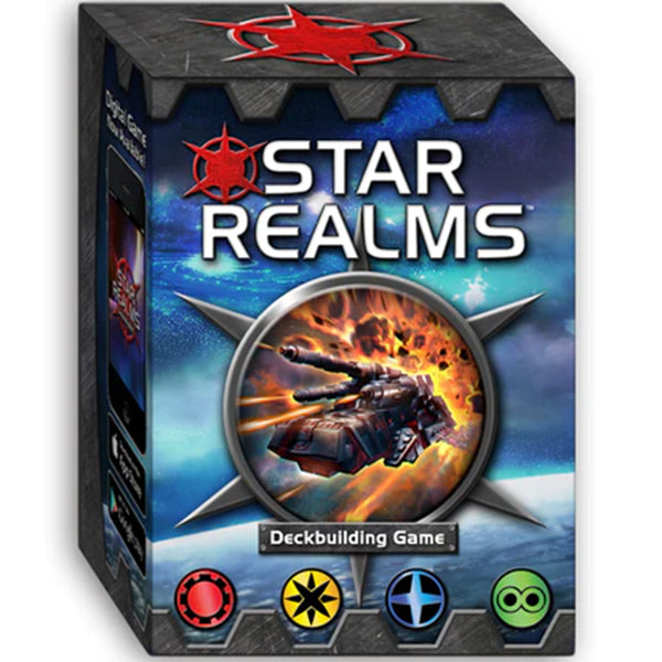 Star Realms game box displaying title, spaceships, and icons.