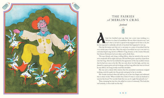 Tales of the Fae illustrated folk tale book with dancing man, fairies, and story text on page.