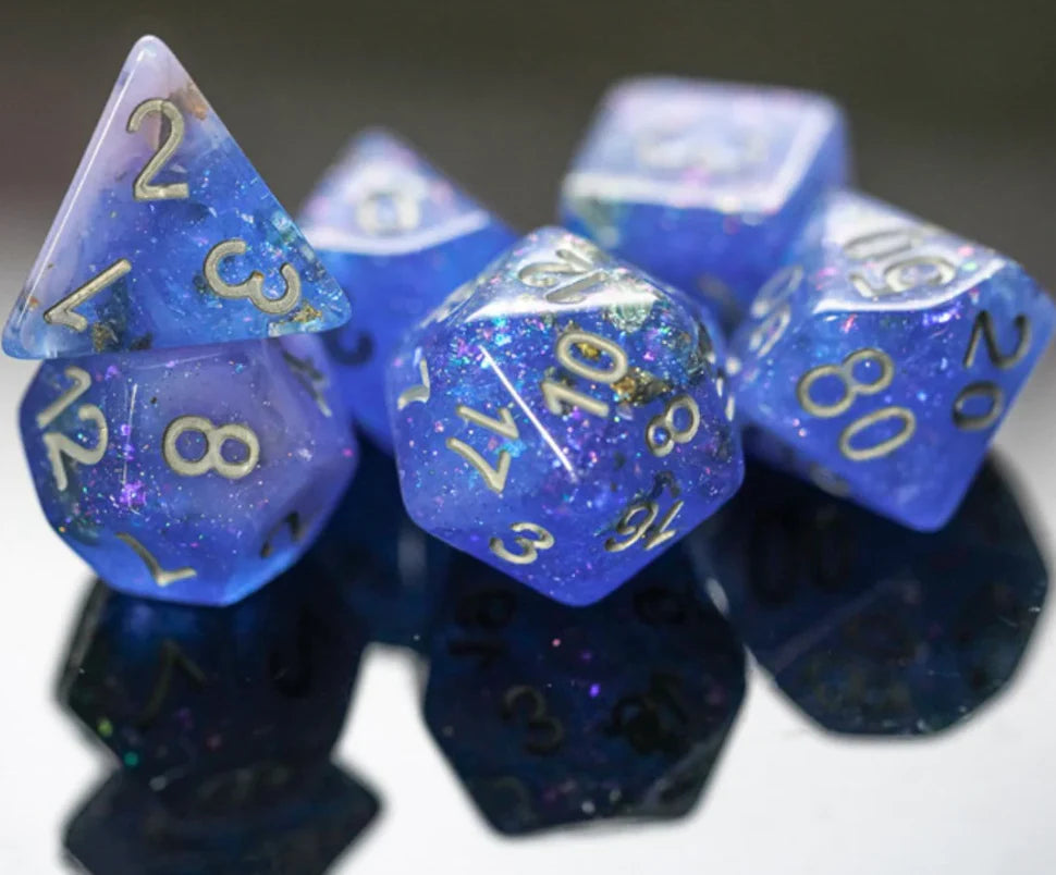 Blue & Pink Seabed Treasure Dice Set, shiny resin polyhedral dice with gold numbers for Dungeons & Dragons.