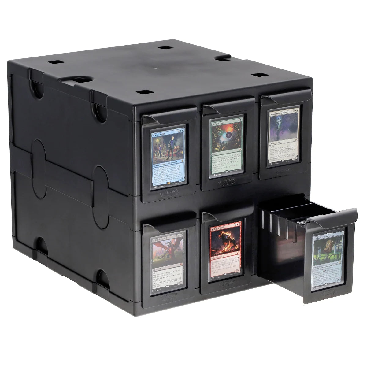 Black 6 Drawer Card Catalog storage box with six drawers, each featuring a trading card on the front.