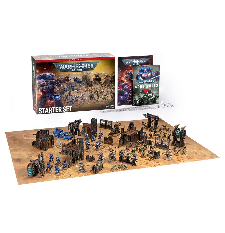 Warhammer 40,000 Starter Set with rulebook, miniatures, dice, and terrain for Combat Patrol.
