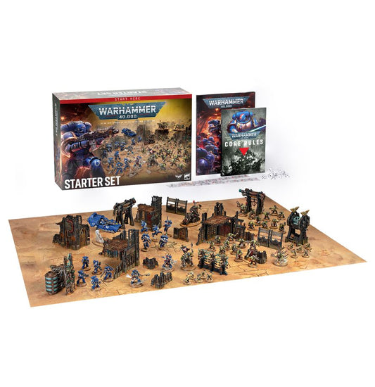Warhammer 40,000 Starter Set with rulebook, miniatures, dice, and terrain for Combat Patrol.