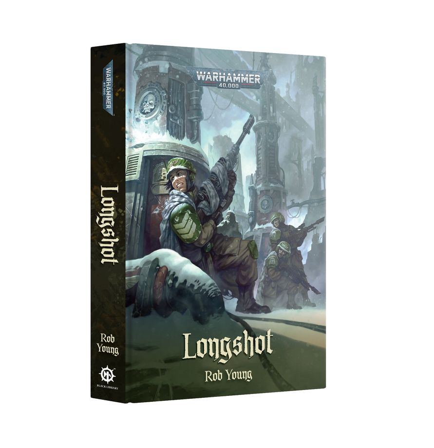 Longshot (Hardback) by Rob Young, sci-fi novel about a Cadian sniper in winter gear near machinery.