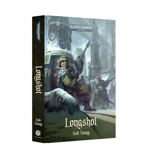 Longshot (Hardback) by Rob Young, sci-fi novel about a Cadian sniper in winter gear near machinery.