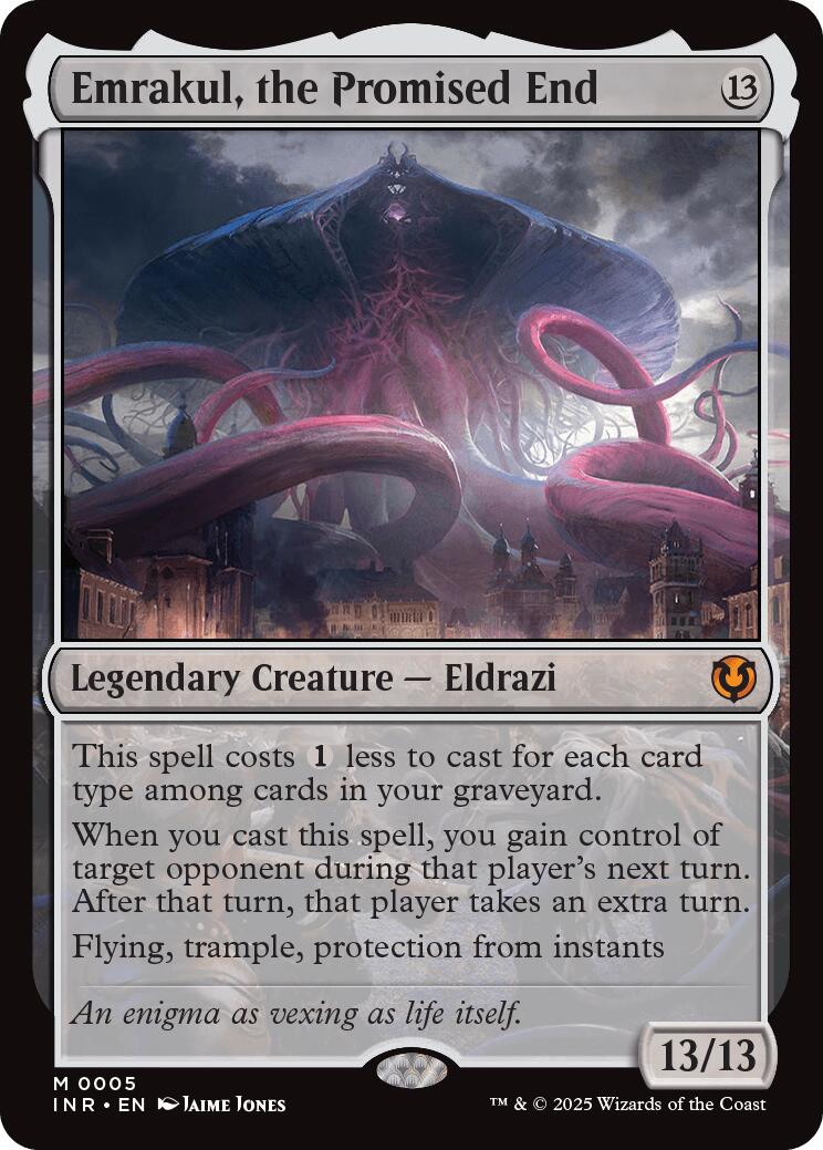 Emrakul, the Promised End [INR - 5] Magic: The Gathering card featuring a giant tentacled Eldrazi over a city.
