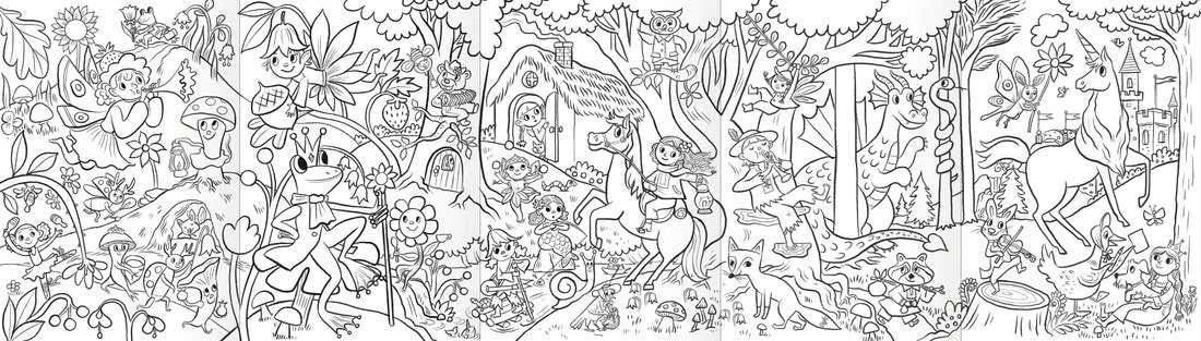 Magical Creature Color Pencil Mini Mural Set with fold-out mural featuring kids, unicorn, and magical beings in colored pencil.