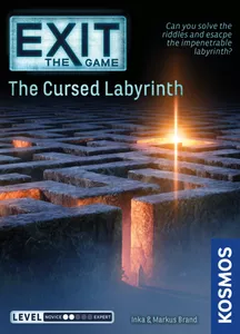 EXIT: The Cursed Labyrinth escape room game box featuring a glowing exit in a dark stone maze.