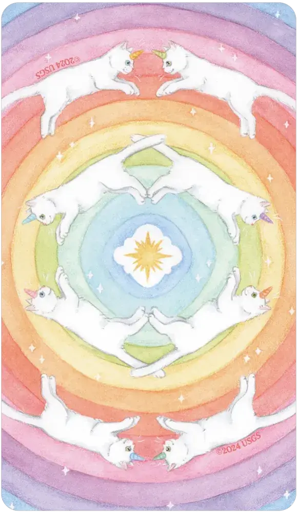 Caticorn Tarot deck featuring six white unicorn cats in a circle on a pastel rainbow background.
