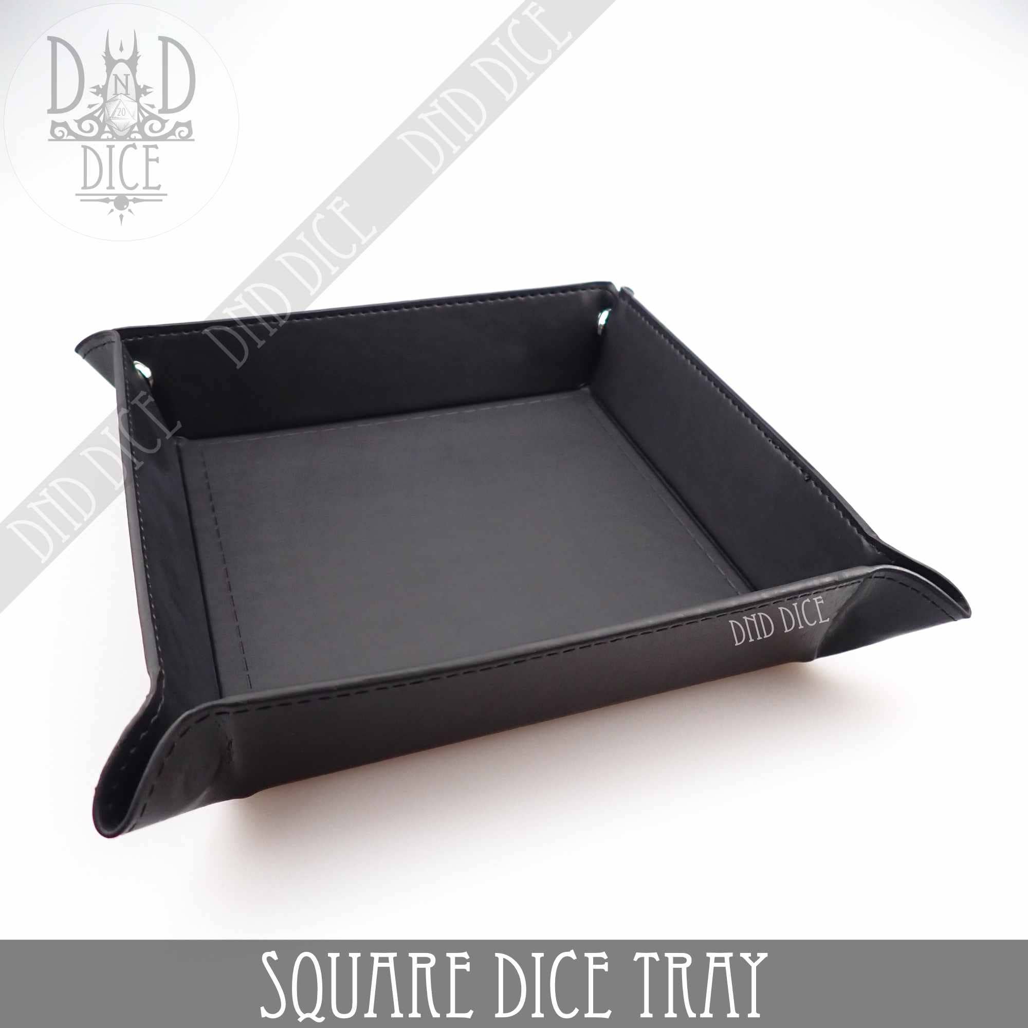 Black faux leather square dice tray with metal snaps, 8.5x8.5 rolling area for dice games.