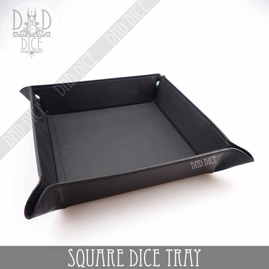 Black faux leather square dice tray with metal snaps, 8.5x8.5 rolling area for dice games.