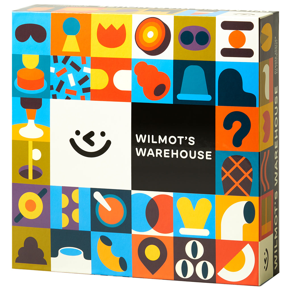 Wilmots Warehouse box with geometric icons and a smiling face logo.