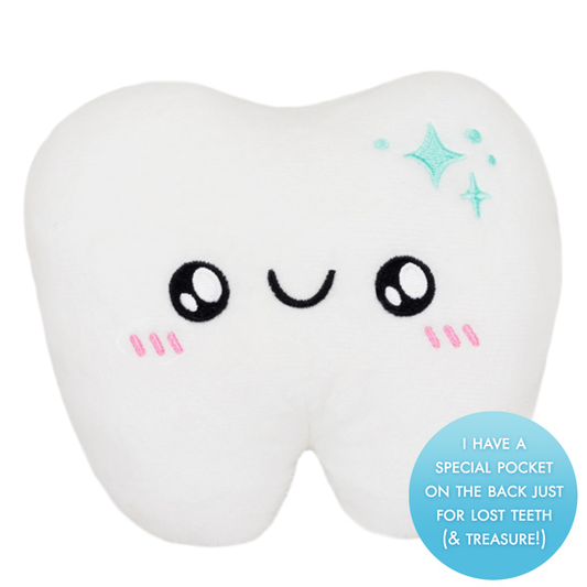 Tooth Fairy Squishable Flat Pillow with pink cheeks, blue star, and pocket for lost teeth.