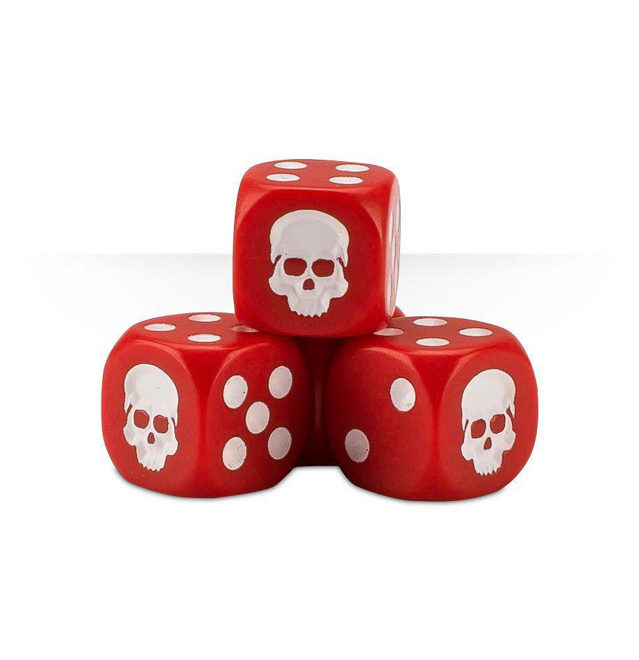 Three Warhammer 12mm red dice with white skulls and dots.