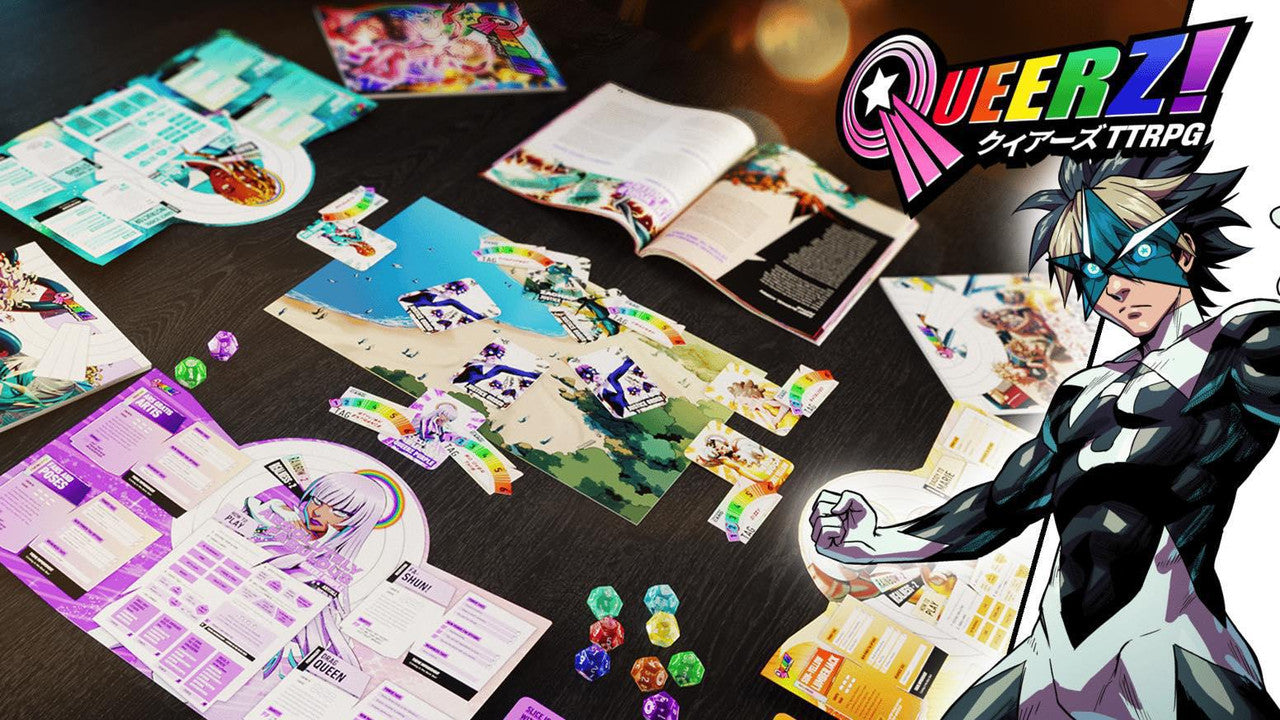 Queerz TTRPG game includes cards, dice, and anime-themed superhero elements using Rainbow Empathy mechanics.