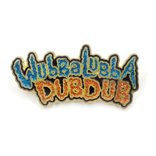 Kolorspun Rick and Morty enamel pin with Wubba Lubba Dub Dub in blue and purple cartoon text.