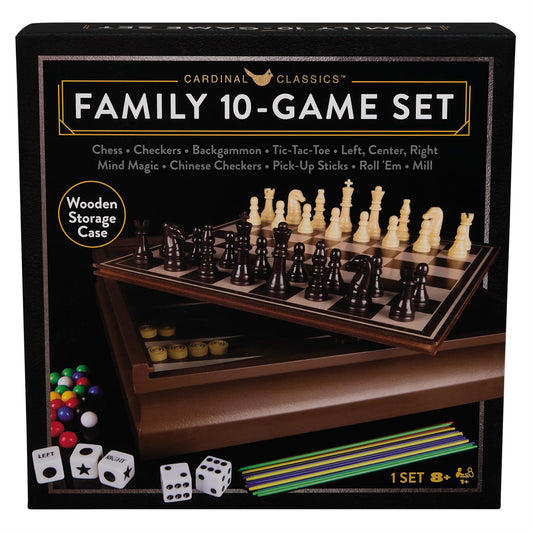 Cardinal Classics Family 10 Classic Games Set with chess pieces, board games, and wooden game cabinet.
