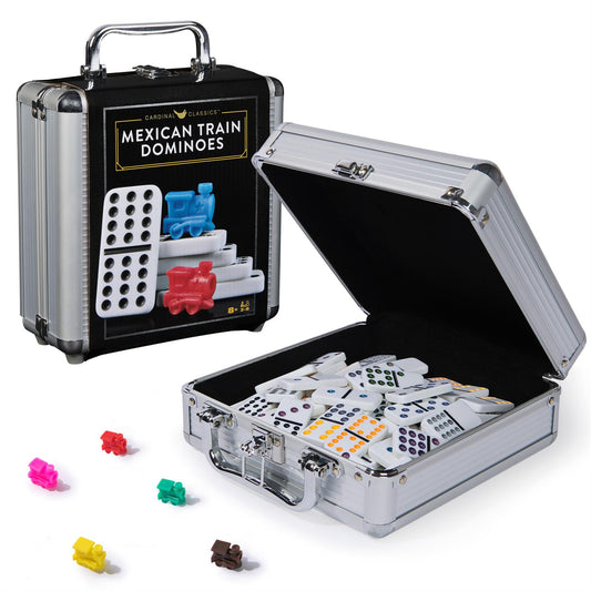 Cardinal Classics Mexican Train Dominoes Set with open silver case showing domino tiles and colorful train pieces.