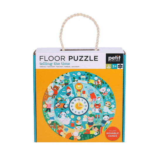 Telling the Time Floor Puzzle with animal clock face, movable hands, rope handle, for ages 3 and up.