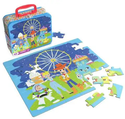 Toy Story 5 puzzle featuring Ferris wheel scene, unfinished pieces, and tin storage box.