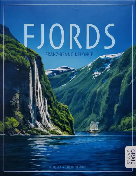 Fjords board game box with title text and illustration of a sailboat on a fjord by green cliffs under a blue sky.