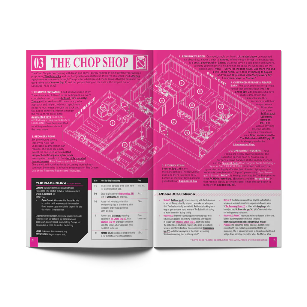 Open book spread of A Pound of Flesh - A MOTHERSHIP Module showing pink floor plan for The Chop Shop layout.